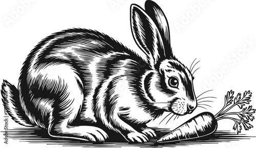 Black and white illustration of a rabbit eating a carrot, animal wildlife and nature drawing