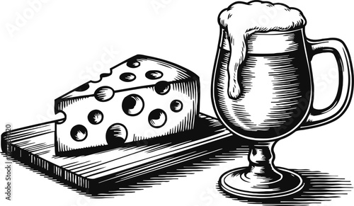 Cheese wedge with holes on wooden board and frothy beer mug vintage engraving