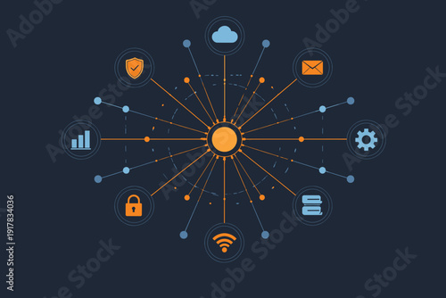 Modern cybersecurity and cloud network concept illustration with central hub and connected icons. Dark blue tech background with data, security and communication symbols.
