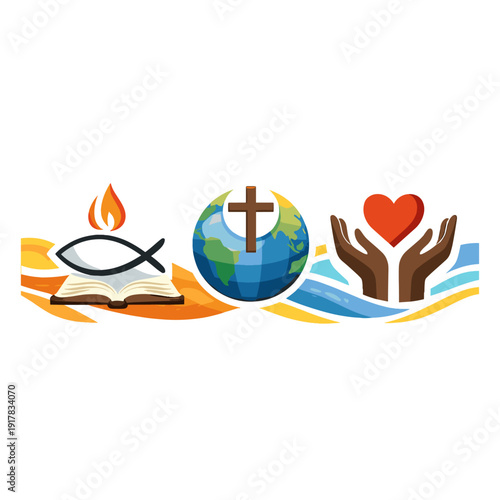 Christian faith concept illustration with Bible, fish symbol, globe with cross and caring hands holding heart, representing love, mission and spirituality.