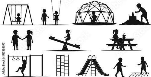Children playground silhouettes collection kids playing on swings slide seesaw sandbox and park equipment isolated flat vector illustration