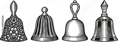 vintage ornate hand bells collection decorative and patterned metal instruments set