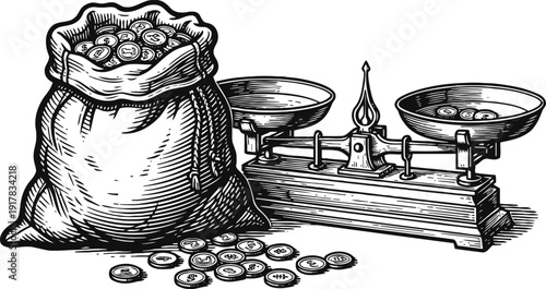 bag of coins next to vintage balance scale for weighing money and currency measurement