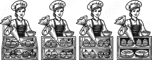 Vintage bakery chef decorating cupcakes and cakes behind glass display counter retro pastry shop illustration