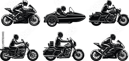 Motorcycle silhouettes collection with sport bike, cruiser and sidecar rider isolated on white background vector illustration set