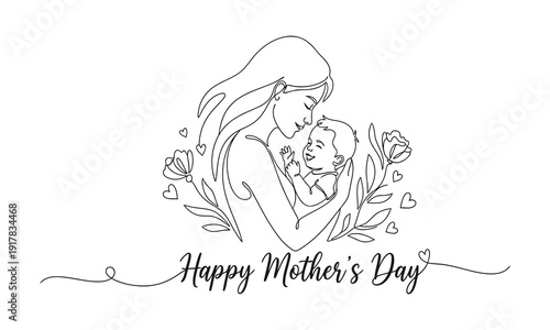 Mother and baby line art vector illustration, mothers day celebration one line Icon drawing with white background