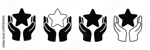 Star in hands icons set, holding star symbol, vector illustrations representing feedback, favourite sign, user rating, quality recognition, customer reviews, appreciation, and digital or print design 