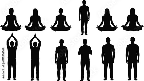 Yoga meditation silhouettes set with men and women practicing lotus pose isolated on white background vector illustration