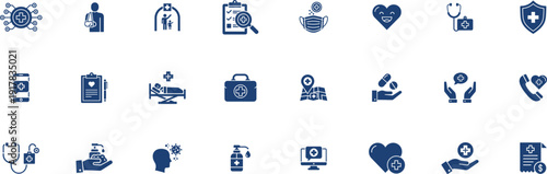 healthcare icons collection presenting symbols for hospital beds, first aid kits, medicine pills, heart rates, stethoscopes and professional clinical records for patient care.