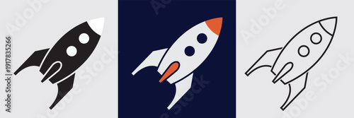Space icon. Minimal Rocket Icons in Three Visual Styles. Simple rocket illustrations in solid, inverted and outline versions, representing startup launch, innovation and modern branding concepts.