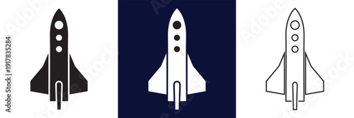 Space icon. Minimal Rocket Icons in Three Visual Styles. Simple rocket illustrations in solid, inverted and outline versions, representing startup launch, innovation and modern branding concepts.