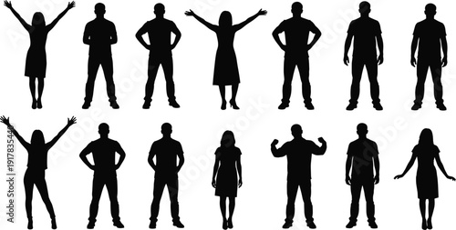Standing people silhouettes collection with men and women in different poses isolated on white background vector illustration