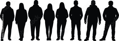 Black silhouettes of diverse people standing in a row, a community group of men and women isolated on white background (20 words)