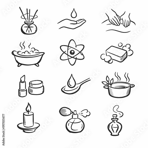 Spa and wellness outline icon set with candle, soap, bath, aroma diffuser and natural care elements in hand drawn style for beauty and relaxation themes.