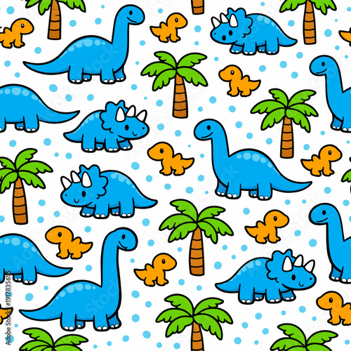Cute dinosaur seamless pattern with blue triceratops, brontosaurus and palm trees on white background, perfect for kids fabric.