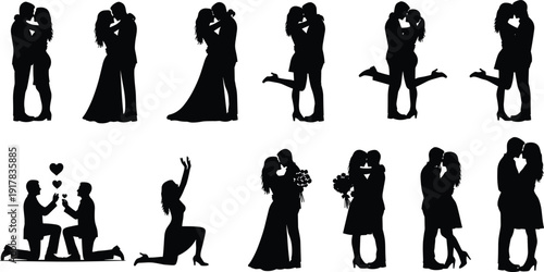 Romantic couple silhouette set with proposal, kissing, wedding and engagement scenes isolated on white background vector illustration
