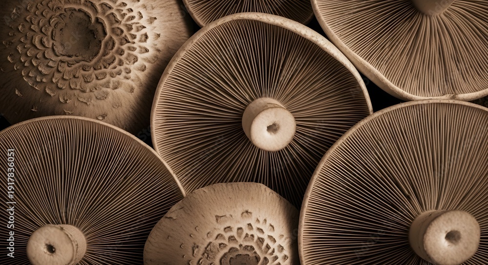Naklejka premium Natural Geometry: Close-Up Pattern of Earthy Mushroom Gills