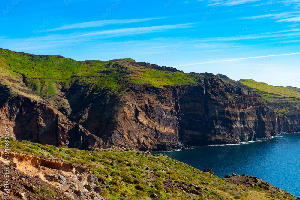 Fototapeta premium High volcanic sea cliffs at Sao Lourenco.