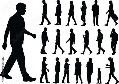 Black silhouettes of diverse people walking, standing, and commuting, featuring men, women, and children in a clean vector style.