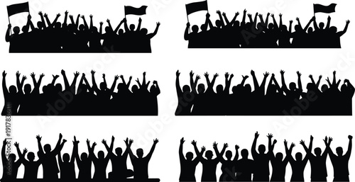 Black silhouettes of diverse people walking, standing, using wheelchairs, bicycles, and canes, representing urban life, accessibility, inclusivity, and community movement.