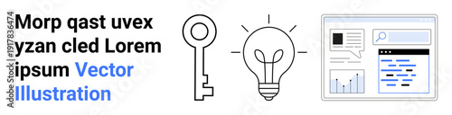 Innovation, security, technology, brainstorming, data insights, knowledge sharing. Key, light bulb and a digital dashboard interface. Innovation and security in modern digital communication