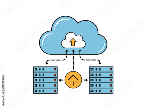 Cloud Computing Data Upload and Storage Network Server Infrastructure Flat Vector Illustration