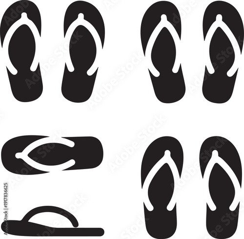 Set of vector illustration flip-flop sandals in various positions and pairs