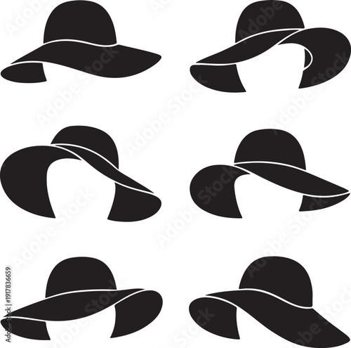 Womans wide brim hats set vector illustration fashion headwear icons