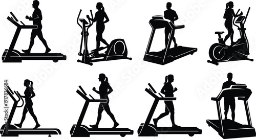 Fitness gym equipment silhouettes featuring men and women running on treadmills, elliptical trainers and exercise bikes vector illustration set