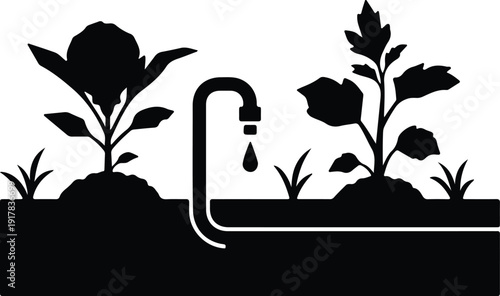 silhouette of watering plants with tap and falling water droplet vector design