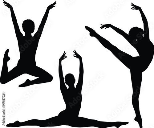 Black silhouettes of graceful female dancers performing ballet and gymnastics poses with jumps and splits on a clean white background.