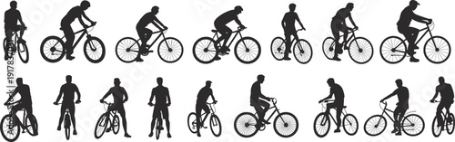 Cyclist silhouette set, men riding bicycles in multiple poses, urban cycling sport collection, black vector illustration isolated background on white