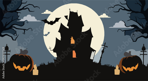 Haunted House Halloween Party Poster Background with Pumpkins and Full Moon Vector Illustration