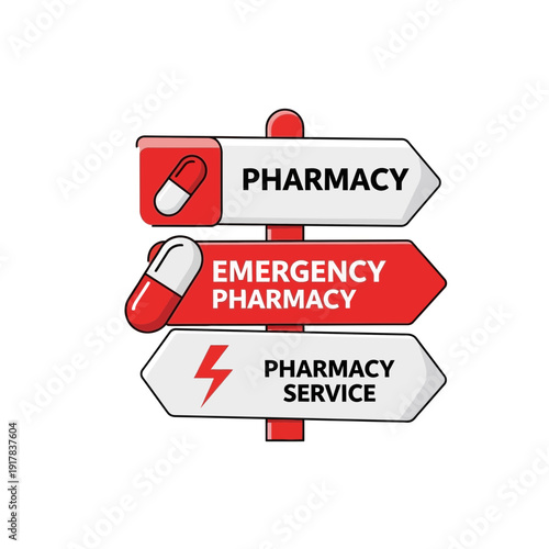 Essential Pharmacy Directional Signs Displaying Services: Pharmacy, Emergency, and Healthcare