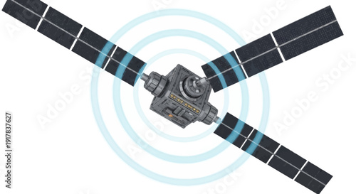 Satellite in orbit with solar panels and signal transmission.