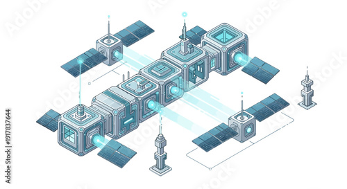 Futuristic Space Station with Solar Panels and Modules.