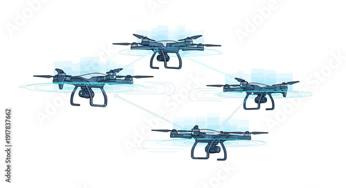 Four drones flying in formation with blue glow.