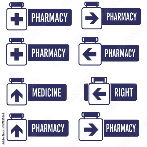 Essential Pharmacy Icons Depicting Medicine Containers and Directional Navigation for Healthcare