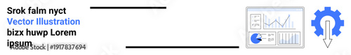 Dashboard screen with charts, graphs, cogwheel, and downward arrow. Ideal for data analytics, business strategy, process optimization, technology, workflow statistics concept and simple landing