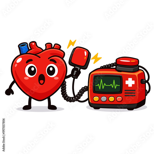 Cute cartoon heart character with defibrillator machine illustrating cardiology, emergency care and heart health concept.