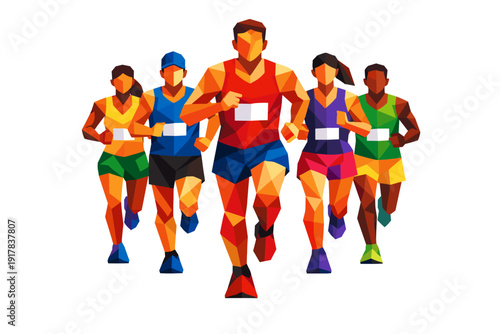 Group of marathon runners in colorful polygonal style illustration representing teamwork, competition and active healthy lifestyle.