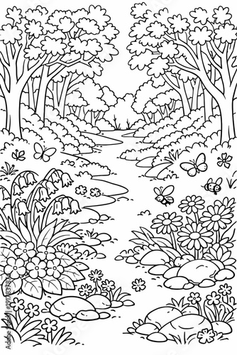 Forest landscape coloring page with trees, flowers, butterflies and river in detailed black and white outline drawing for kids and adults.