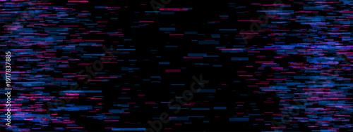 Purple game glitch effect. Abstract tv filter with pixel noise for static screen. Fast speed line with grain and flicker background. Error television and bug design in blue and pink. Tech vhs monitor.