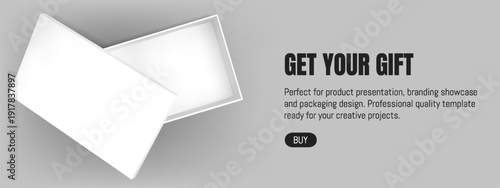 White open box mockup top view. 3d empty gift package on banner. Black cardboard shoebox illustration. Chocolate present or cosmetic for makeup realistic carton case concept template on background