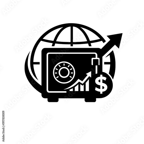 Global investment icon with safe vault, dollar symbol and rising arrow over globe representing financial growth and international business.