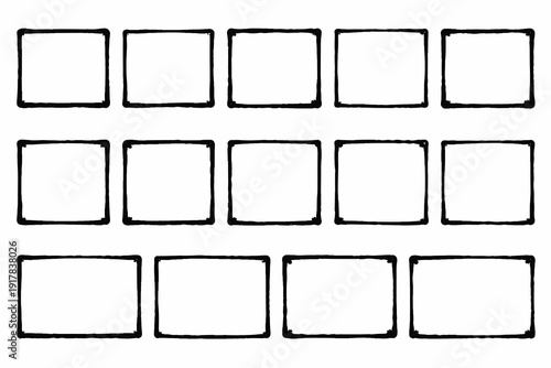 Hand drawn rectangle frame set in sketch style with empty boxes arranged in rows for UI layout, storyboard or template design.