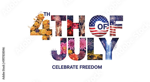 4th of July patriotic typography, Celebrate Freedom text, American flag themed letters