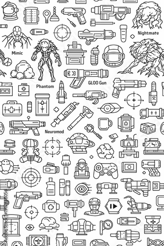 Gaming and sci fi outline icons seamless pattern with weapons, characters, gadgets and targets. Monochrome line art background for game design.