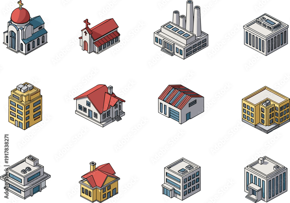Naklejka premium Isometric buildings collection including church house factory offices residential commercial architecture urban property illustration design set concept assets