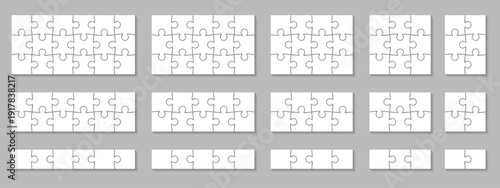 Jigsaw puzzle piece collection in different sizes. Set of 15 template with outline for game, infographic, educational design. Vector jigsaw picture texture. Puzzle grid business chain editable stroke